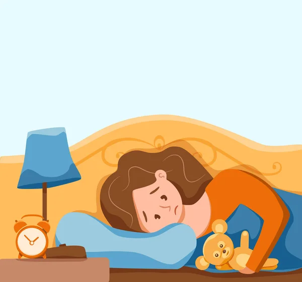 Η κοιμισμένη ξύπνια γυναίκα στο κρεβάτι υποφέρει από αϋπνία. Εικονογράφηση διανύσματος — Διανυσματικό Αρχείο