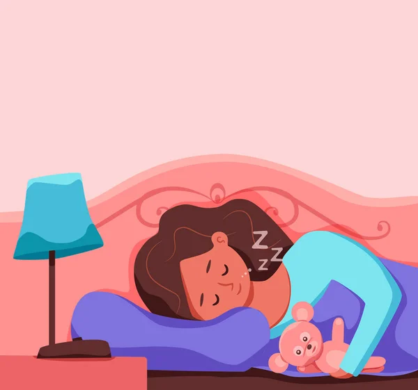 El niño duerme en la cama por la noche ilustración vectorial. Gir childl en pijama teniendo un dulce sueño en el dormitorio. — Vector de stock