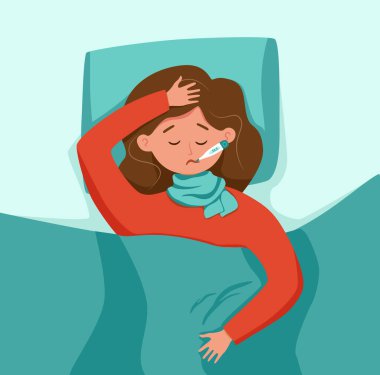 Ağız vektörü illüstrasyonunda termometresi olan ateşi olan hasta çocuk.