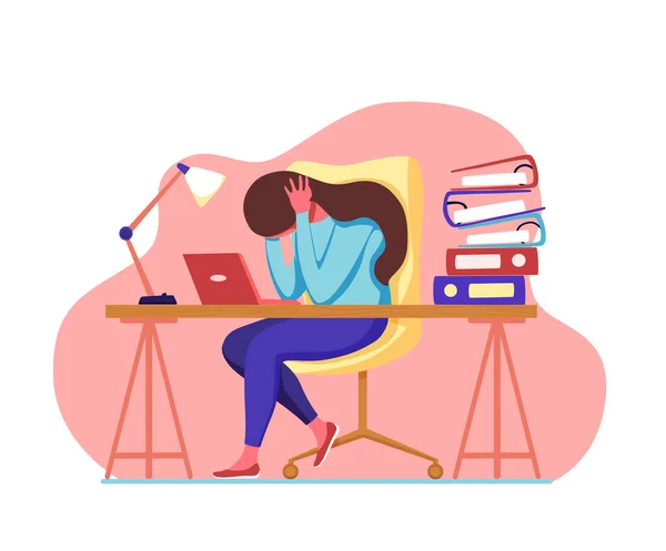 Profesionální syndrom vyhoření vyčerpaný muž unavený sedí na jejím pracovišti v kanceláři drží hlavu — Stockový vektor