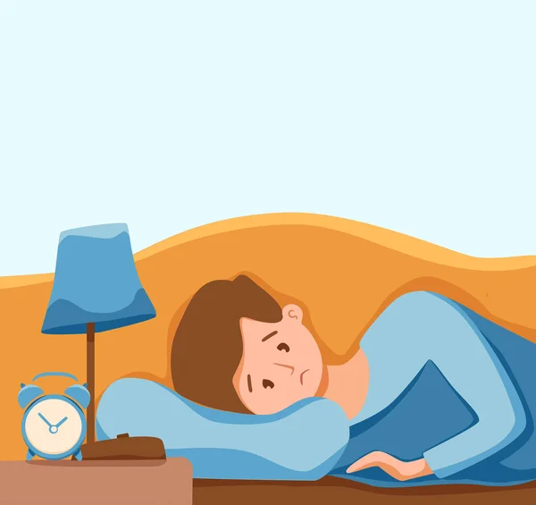 Tidur terjaga pria di tempat tidur menderita insomnia. Vektor ilustrasi lelah pria sedih menderita insomnia - Stok Vektor
