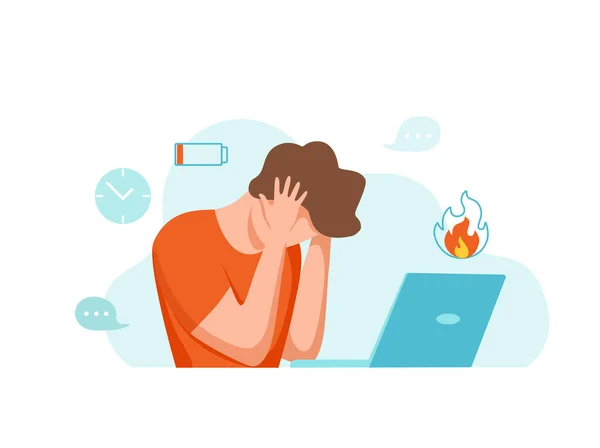 Síndrome de burnout profesional hombre cansado sentado en su lugar de trabajo en la oficina sosteniendo la cabeza — Vector de stock