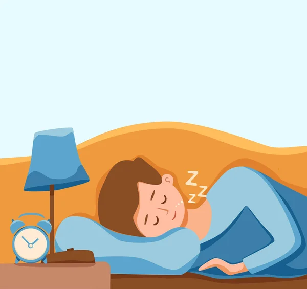 Boy kid sleep in bed at night vector illustration. Child in pajama having a sweet dream in bedroom — Stock Vector