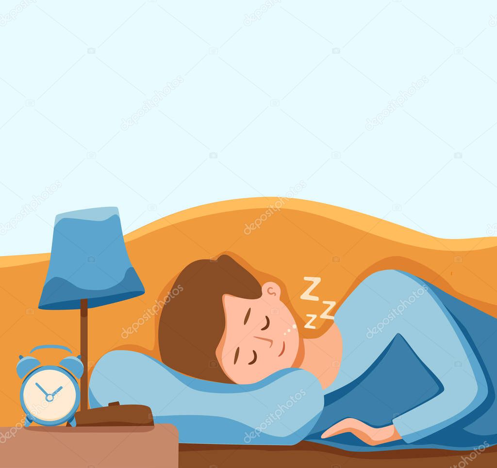 Boy kid sleep in bed at night vector illustration. Child in pajama having a sweet dream in bedroom