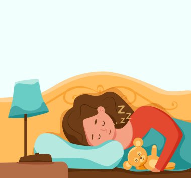 Çocuk gece vektör çiziminde yatakta uyuyor. Gel çocuk pijamasını giymiş, güzel bir rüya görüyor yatak odasında.