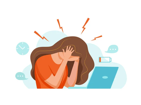 Vrouw met hoofdpijn, migraine, met haar hoofd cartoon vector illustratie — Stockvector