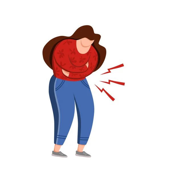 Mujer que sufre de dolor de estómago vector ilustración. Chica siente dolor de estómago — Vector de stock