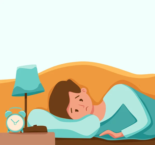 Slaap wakker man in bed lijdt aan slapeloosheid. Vector illustratie van moe uitgeput droevige jongen slapeloosheid — Stockvector