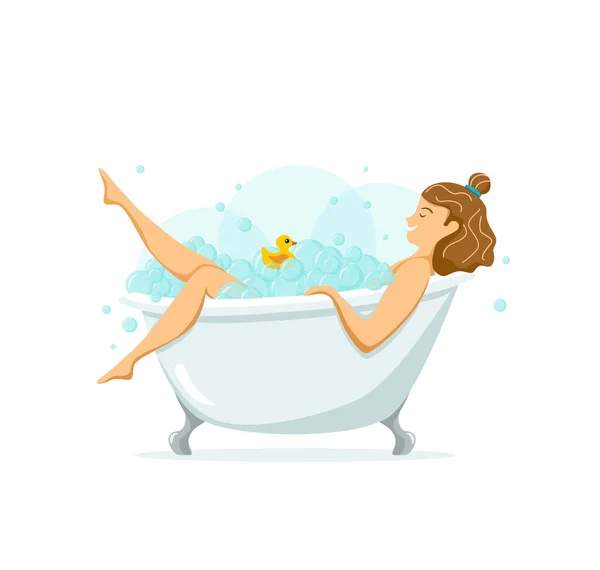 Mujer tomando baño lleno de espuma de jabón burbujas vector ilustración — Vector de stock