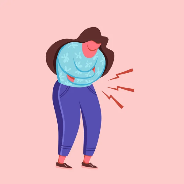 Mujer que sufre de dolor de estómago vector ilustración. Chica siente dolor de estómago — Vector de stock