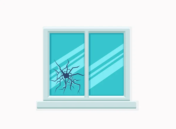 Vitre cassée avec illustration vectorielle en verre fissuré. Fenêtre de dessin animé sur mur de briques — Image vectorielle