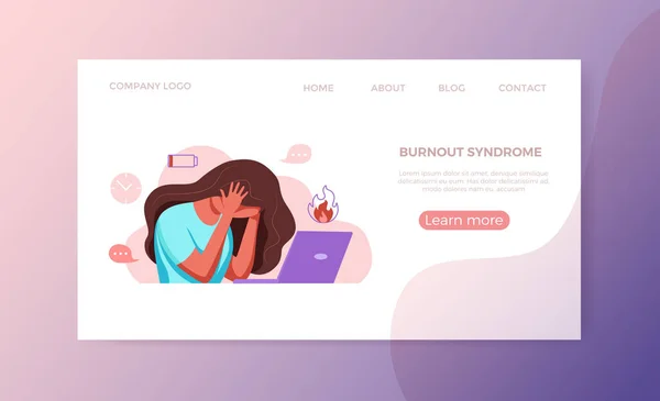 Síndrome de burnout profesional mujer agotada cansada sentada en su lugar de trabajo en la oficina sosteniendo su cabeza vector ilustración — Vector de stock