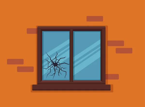 Ventana rota con ilustración de vectores de vidrio agrietado. Ventana de dibujos animados en la fachada del edificio de pared de ladrillo — Vector de stock