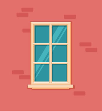 Duvarda cam ve ahşap çerçeve olan vektör penceresi.