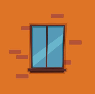 Duvarda cam ve ahşap çerçeve olan vektör penceresi.