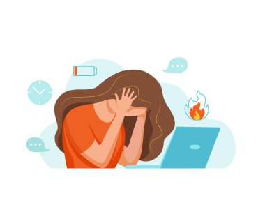 Profesyonel tükenme sendromu. Ofisinde oturan yorgun kadın baş vektör illüstrasyonunu elinde tutuyor.
