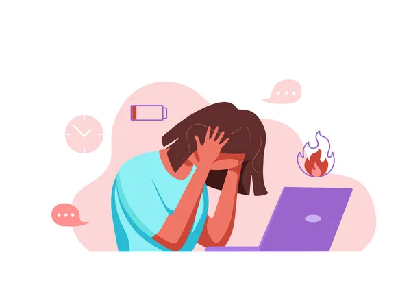 Síndrome de burnout profissional mulher exausta cansado sentado em seu local de trabalho no escritório segurando sua cabeça ilustração vetor —  Vetores de Stock