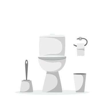 Tuvalet karikatürü vektör çizimi. Tuvalet kağıdı, fırça hijyeni ve banyo konseptiyle beyaz seramik wc işareti..