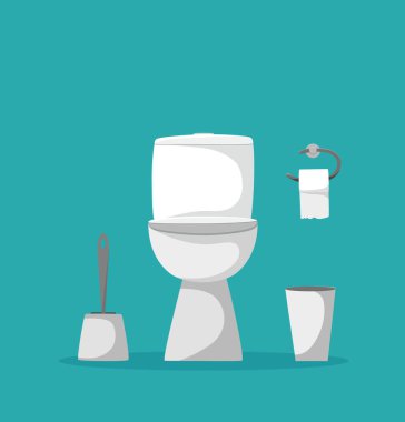 Tuvalet karikatürü vektör çizimi. Tuvalet kağıdı, fırça hijyeni ve banyo konseptiyle beyaz seramik wc işareti..