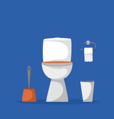 Tuvalet karikatürü vektör çizimi. Tuvalet kağıdı, fırça hijyeni ve banyo konseptiyle beyaz seramik wc işareti.