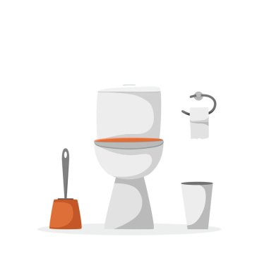 Tuvalet karikatürü vektör çizimi. Tuvalet kağıdı, fırça hijyeni ve banyo konseptiyle beyaz seramik wc işareti.