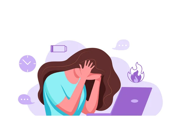 Síndrome de burnout profesional mujer agotada cansada sentada en su lugar de trabajo en la oficina sosteniendo su cabeza vector ilustración — Vector de stock