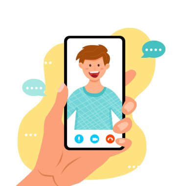 Video çağrı vektörü çizimi. Ekranda gülümseyen çocukla akıllı telefon tutan bir erkek..