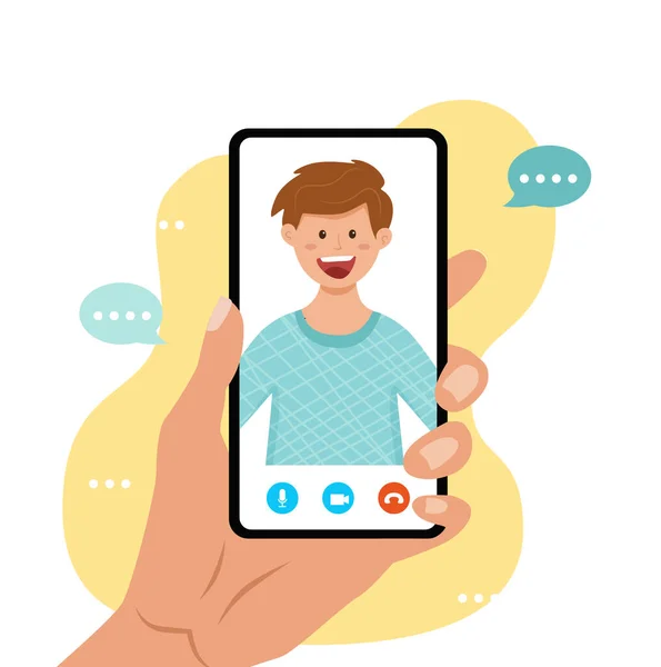 Illustration vectorielle d'appel vidéo. smartphone main tenant mâle avec un garçon souriant à l'écran. — Image vectorielle