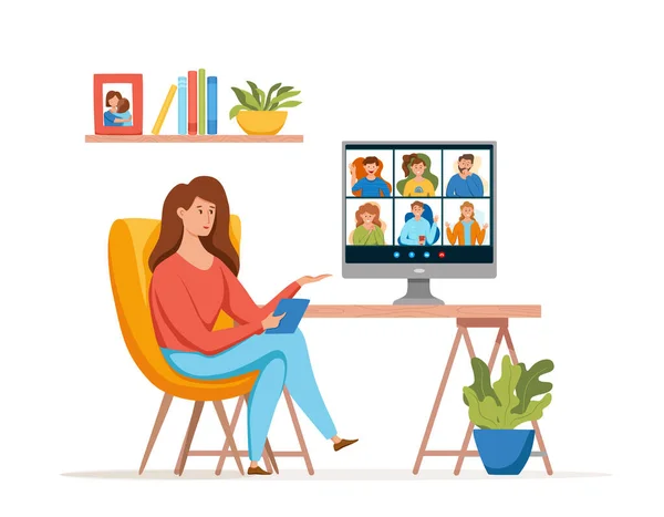 Video conferentie online vergadering concept. Vector illustratie van mensen groep op computerscherm video gesprek chatten met vrienden — Stockvector