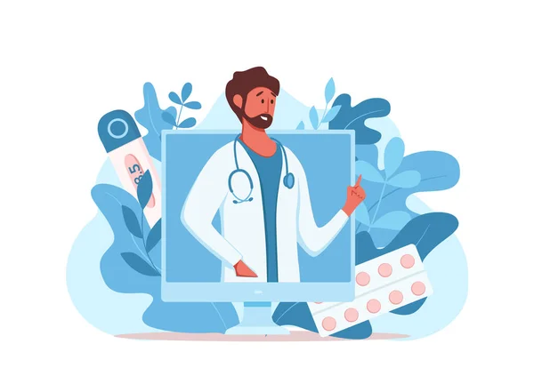 Médico on-line consulta médica ilustração vetor. Desenhos animados design plano —  Vetores de Stock