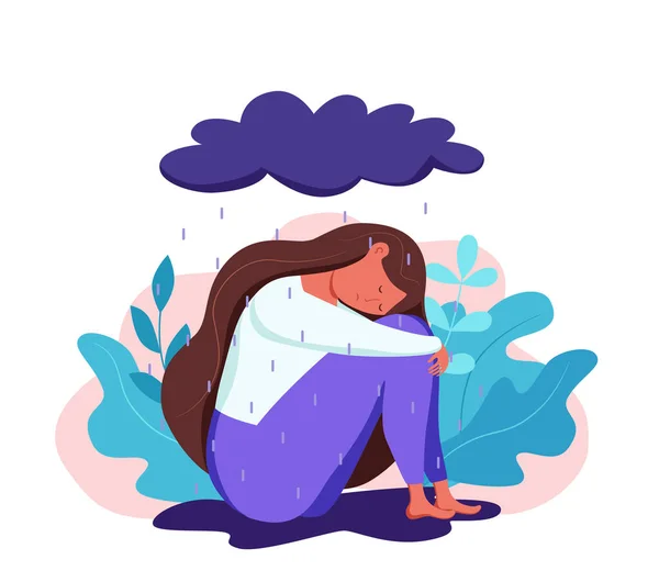 Depressieve verdrietige eenzame vrouw in angst, verdriet vector cartoon illustratie Vectorbeelden