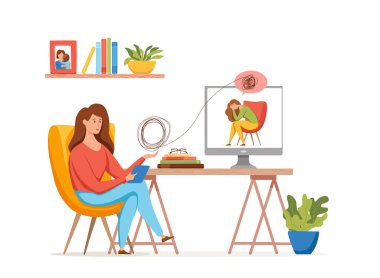 Psikoloji terapisi online danışman vektör konsepti. Psikoterapi uygulamasının karikatür çizimi