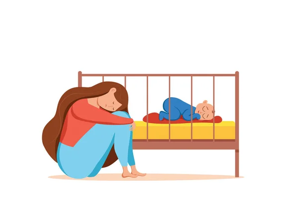 Depressão pós-parto ilustração de mulher triste cansado perto do bebê recém-nascido dormindo em estilo plano. — Vetor de Stock