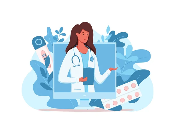 Médico on-line consulta médica ilustração vetor. Desenhos animados design plano —  Vetores de Stock