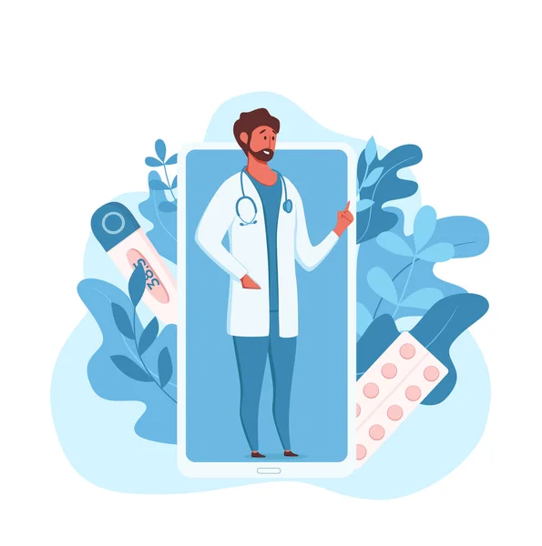 Médico on-line consulta médica ilustração vetor. Desenhos animados design plano —  Vetores de Stock