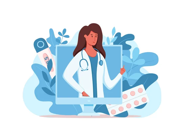 Médico on-line consulta médica ilustração vetor. Desenhos animados design plano —  Vetores de Stock