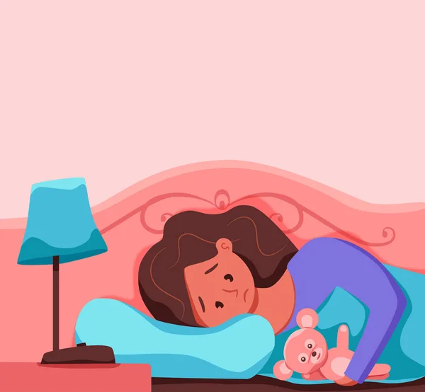 Slaperig wakker meisje in bed lijdt aan slapeloosheid. Vectorillustratie — Stockvector