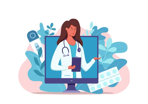 Médico on-line consulta médica ilustração vetor. Desenhos animados design plano —  Vetores de Stock