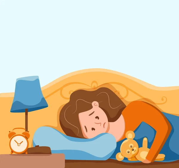 Gadis tidur yang terbangun di tempat tidur menderita insomnia. Ilustrasi vektor Grafik Vektor