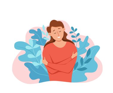 Kendini sev kadın, duygu vektörü illüstrasyonuyla kendini kucaklıyor..