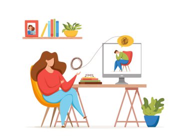 Psikoloji terapisi online danışman vektör konsepti. Psikoterapi uygulamasının karikatür çizimi