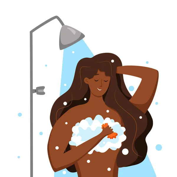 Joven mujer afroamericana tomando ducha ilustración vector de dibujos animados. — Archivo Imágenes Vectoriales