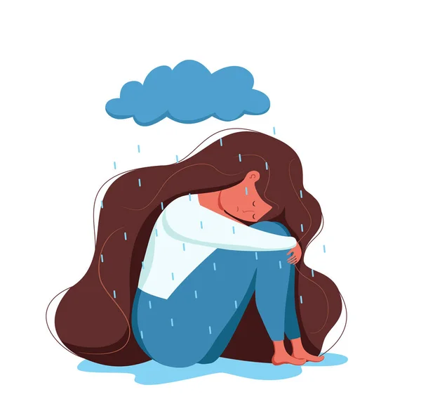 Depressed sad lonely woman in anxiety, sorrow vector cartoon illustration. — Stock Vector