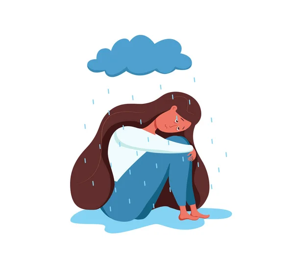 Depressed sad lonely woman in anxiety, sorrow vector cartoon illustration. — Stock Vector