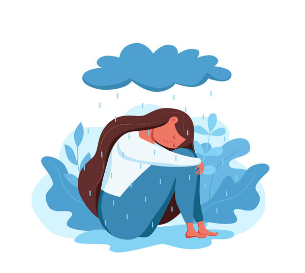 Depressed sad lonely woman in anxiety, sorrow vector cartoon illustration.