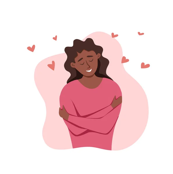 당신 자신 을사 랑하 십시오. 아프리카 계 미국인 여자가 감정을 표현하는 벡터 삽화로 자신을 껴안는 모습. — 스톡 벡터