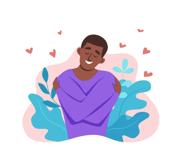 Älska dig själv afroamerikanska män kramar sig själv med att njuta av känslor vektor illustration. — Stock vektor