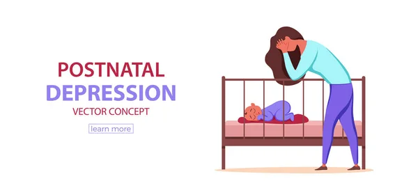 Postpartum depression illustration av ledsen trött kvinna nära nyfödda barn sover i platt stil. — Stock vektor