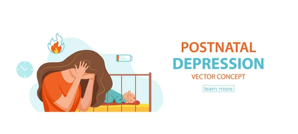 Postpartum depression illustration av ledsen trött kvinna nära nyfödda barn sover i platt stil. — Stock vektor