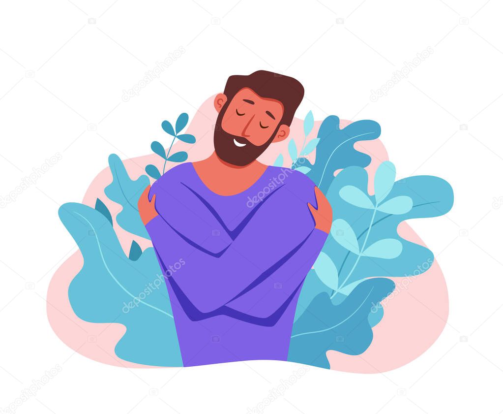 Love yourself men hugging herself with enjoying emotions vector illustration